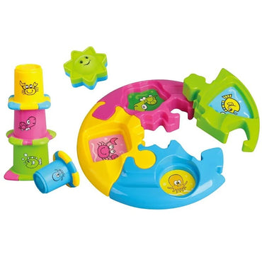 Kids World By KAMSHere Tanny Toys Sea Inhabitants Puzzle Playset, a 5-in-1 toy with colorful sea creatures for toddlers. Features stacking cups and a puzzle base.
